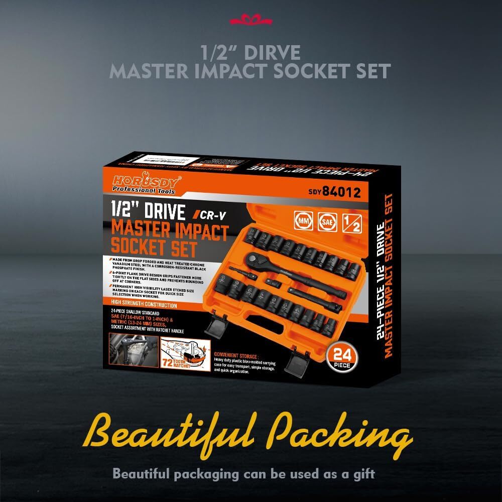 1/2″ Drive Impact Socket Set, 24-Piece Shallow Standard SAE (7/16″-1″) and Metri