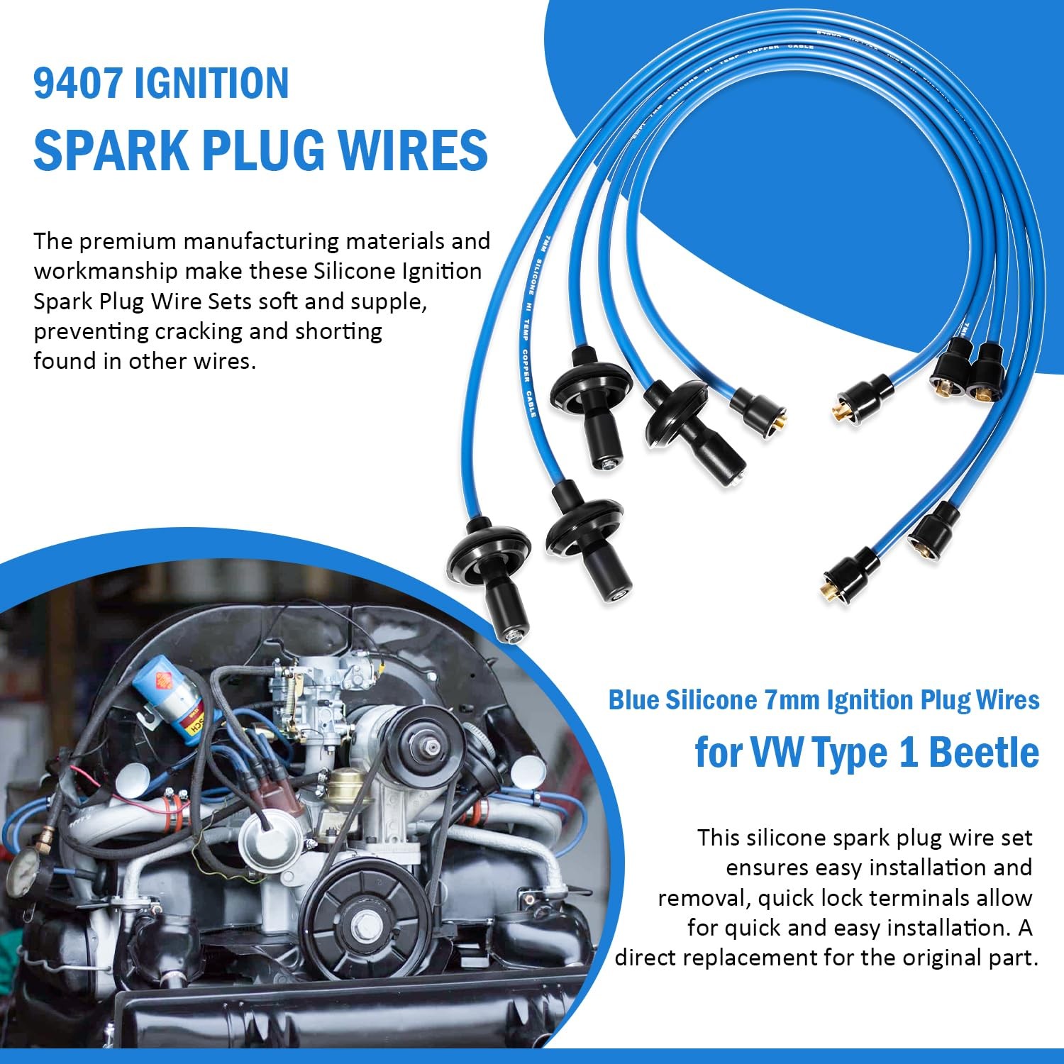 Blue 7mm Silicone Ignition Plug Wires for Type 1, Compatible with Dune Buggy