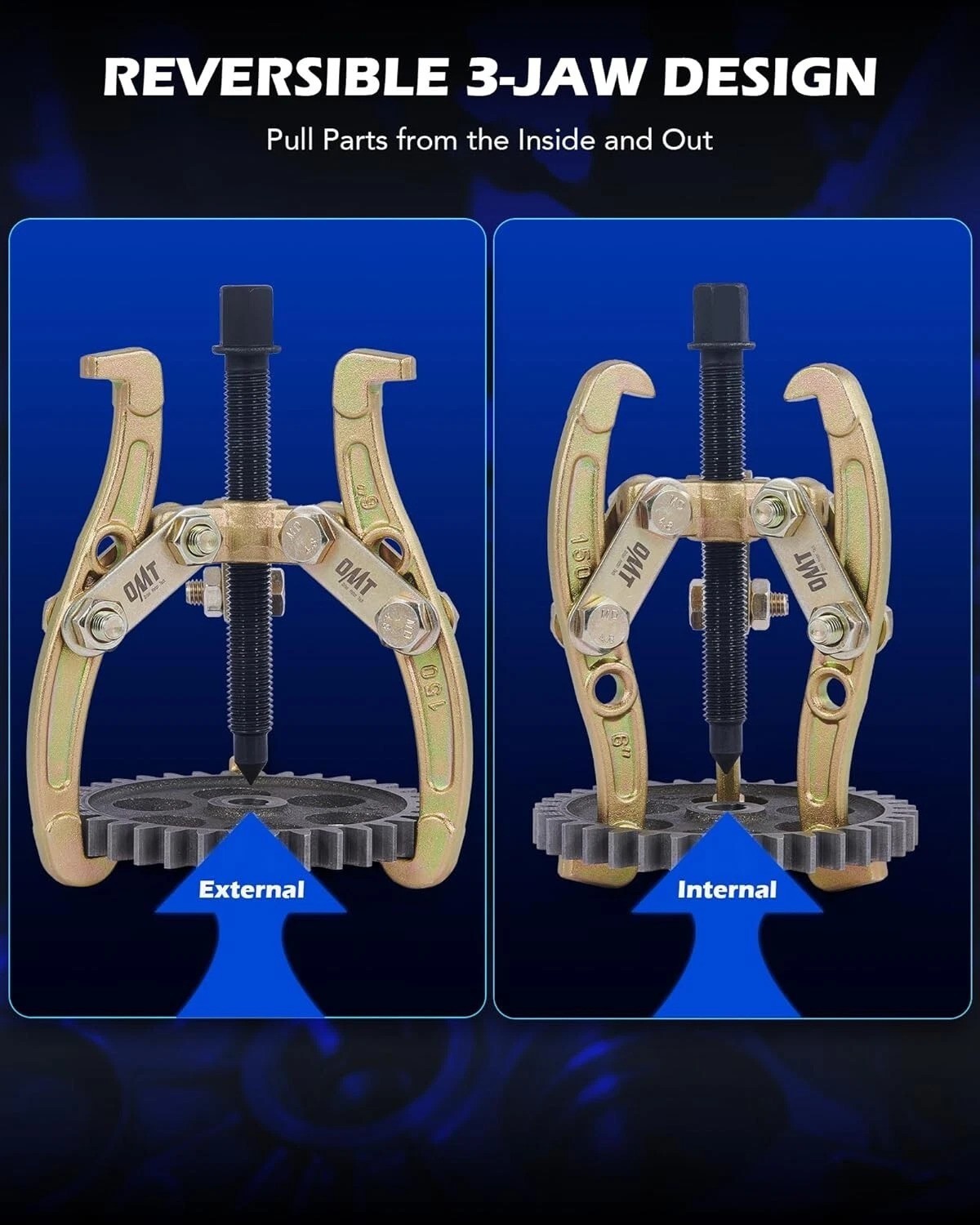 Universal 4-Pc Heavy Duty Gear Puller Set with Reversible Jaws – Compact Design