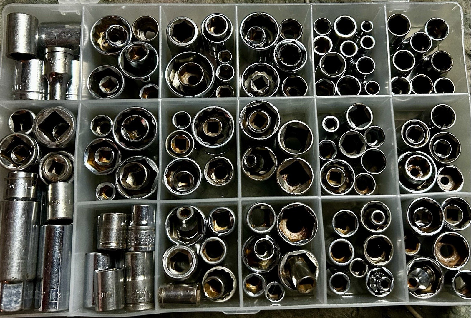 130+ New/Used Mixed Sockets 6/12pt SAE & Metric Blue Point, NAPA, SL, Duralast +