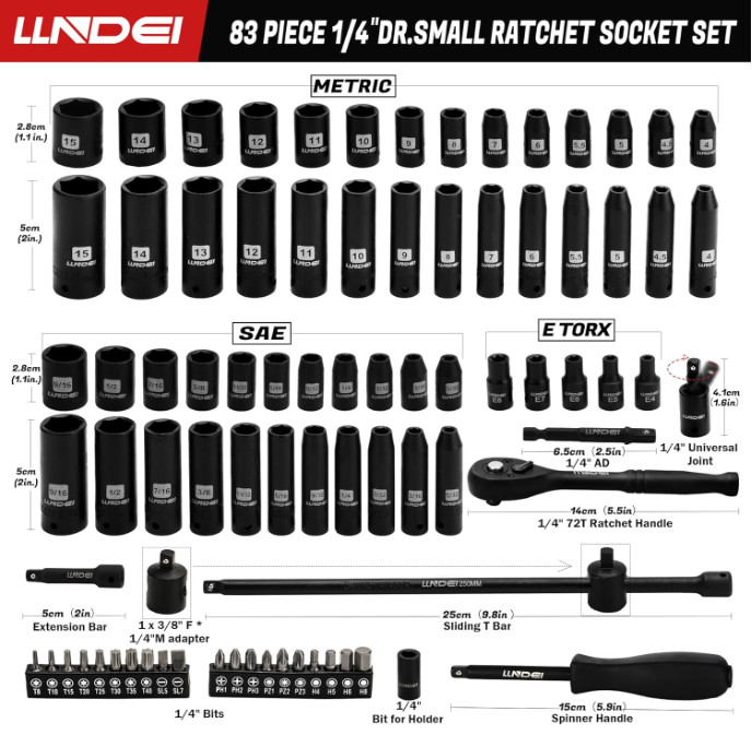 1/4in Drive Impact Socket Set, 83pcs SAE/Metric, 72T Ratchet, CR-V Tools