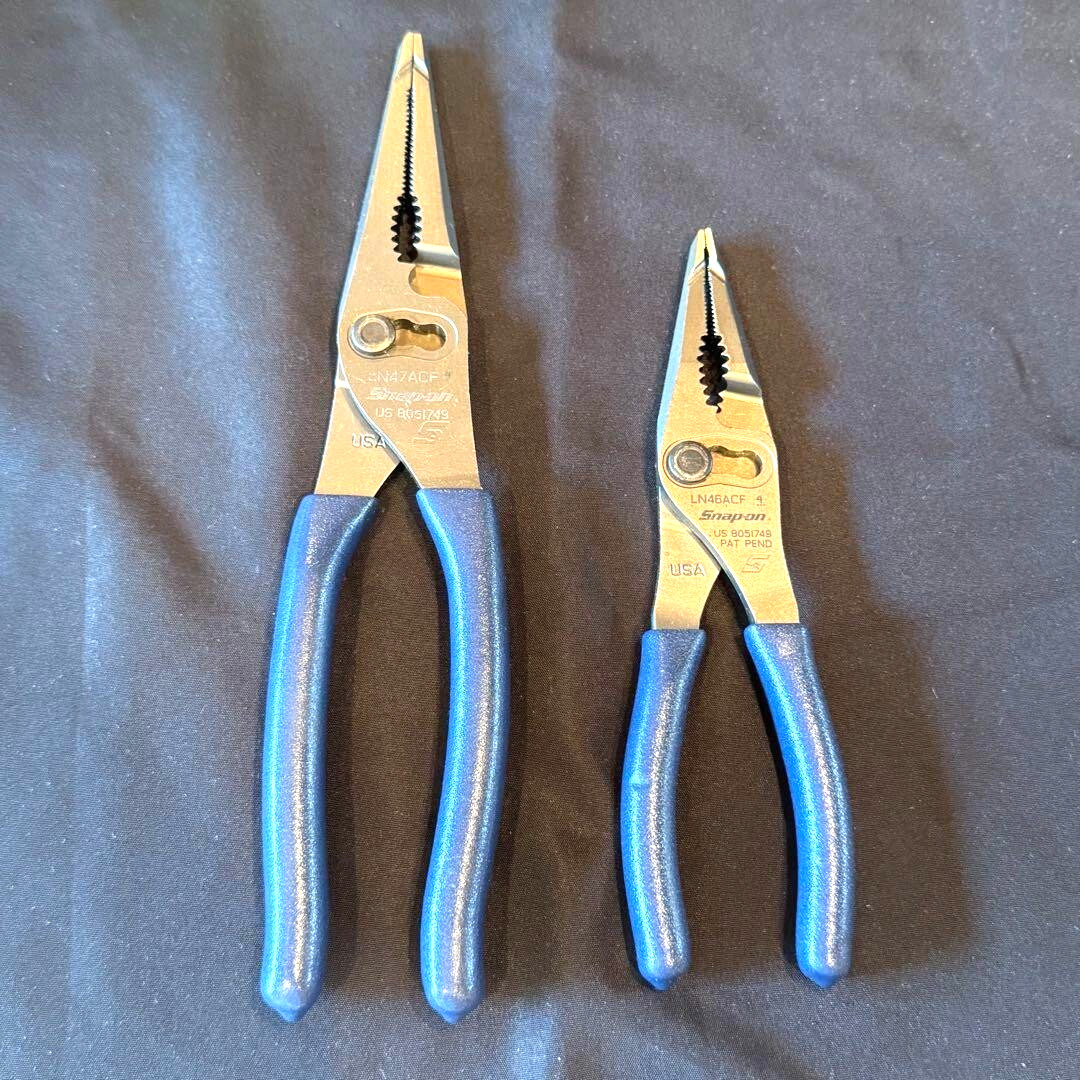 New Snap On LN47ACF & LN46ACF Needle Nose/Slip-Joint Combination Blue Plier Set