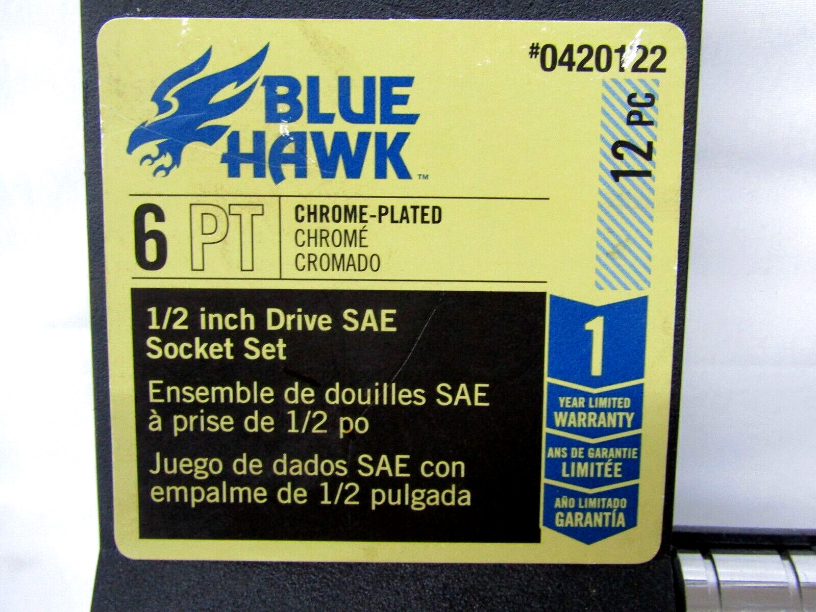 Blue Hawk 1/2 Drive 6 Point SAE 12-pc Socket Set Chrome Plated 0420122