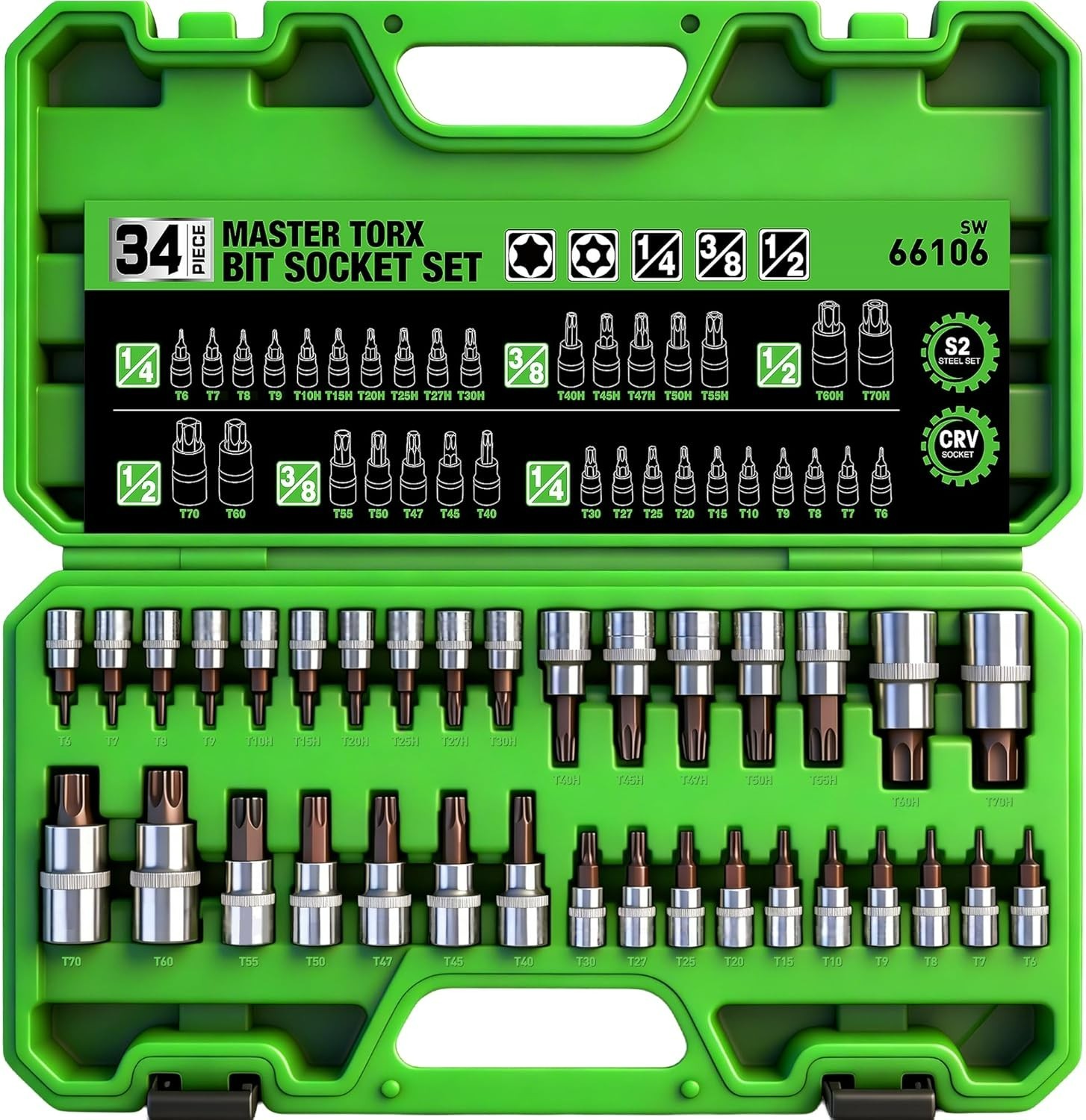 Master 34-Piece Torx Bit Socket Set for Automotive & Electronics – T6 to T70