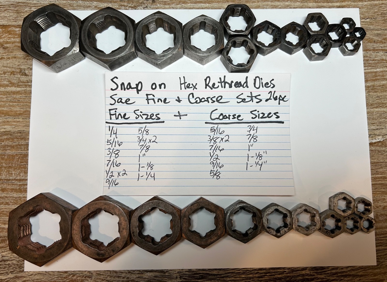Snap On NF-SAE Fine & NC-USS Coarse Rethreading Dies Hex Nut Size Sets .25-1.25”