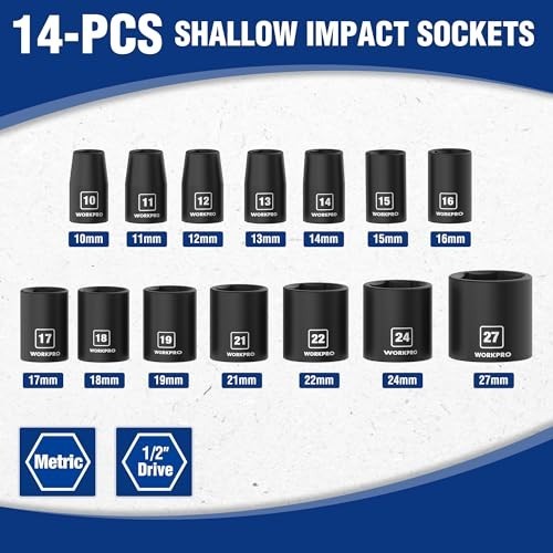 14PCS 1/2” Drive Metric Shallow Impact Socket Set, Cr-V Steel 6-Point with Case