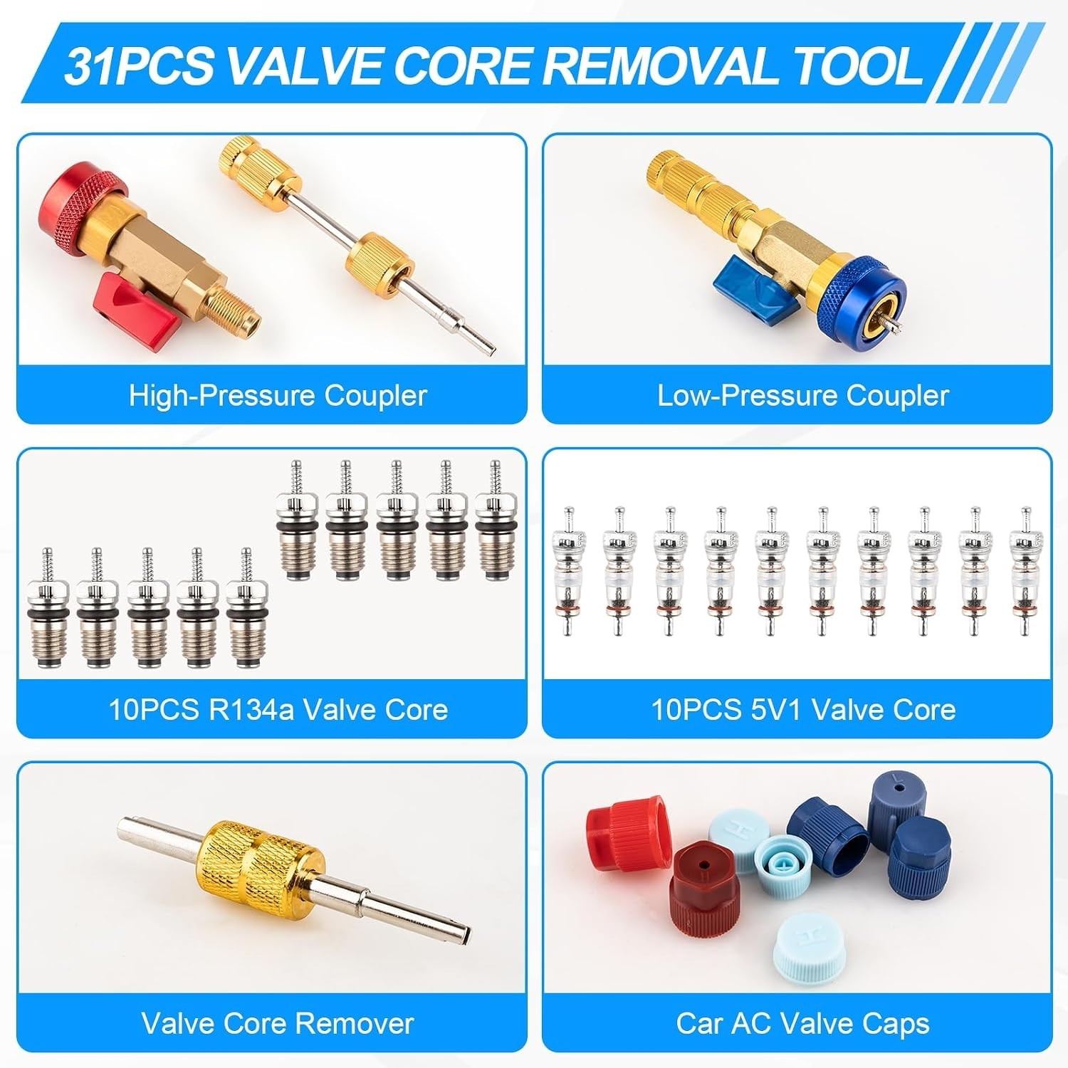 31Pcs R134A A/C Car Air Conditioning Valve Core Remover Tool High Low Pressure..