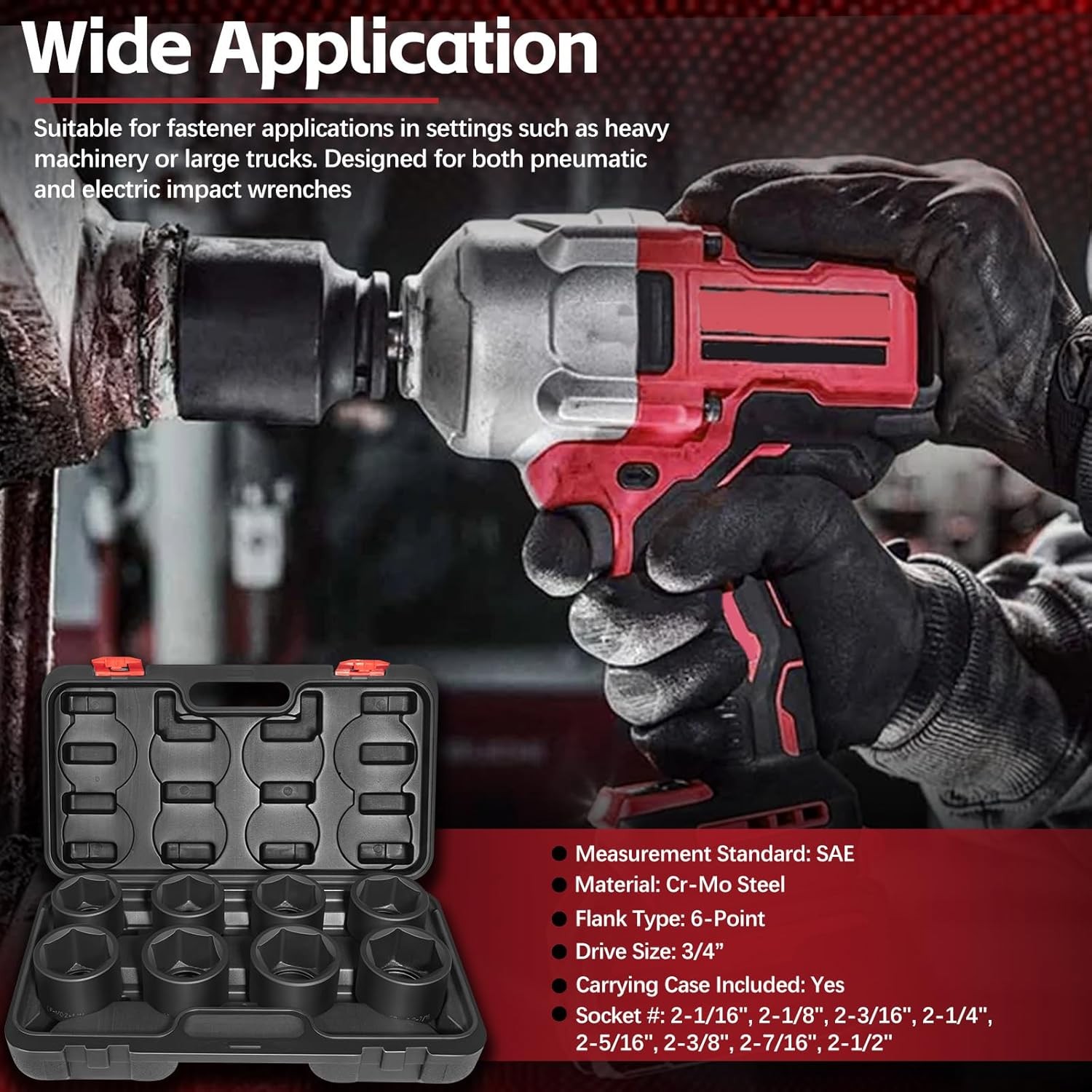 8-Piece Jumbo Impact Socket Set CR-MO 3/4″ Drive SAE 2-1/16″ to 2-1/2″ 6 Point