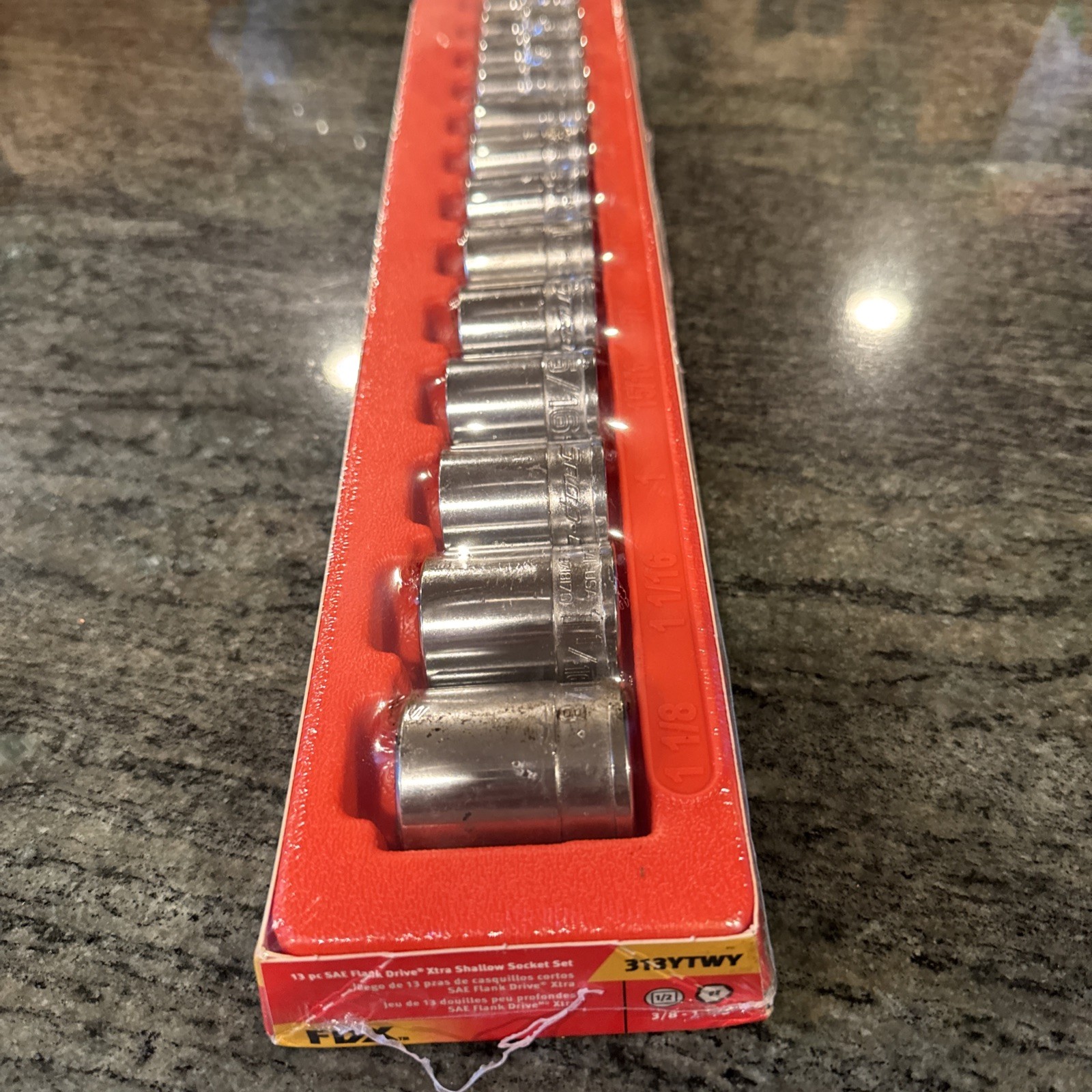 Snap On 313ytwy 13 pc 1/2” drive 6 point sae xtra shallow socket set 3/8”-1-1/8”