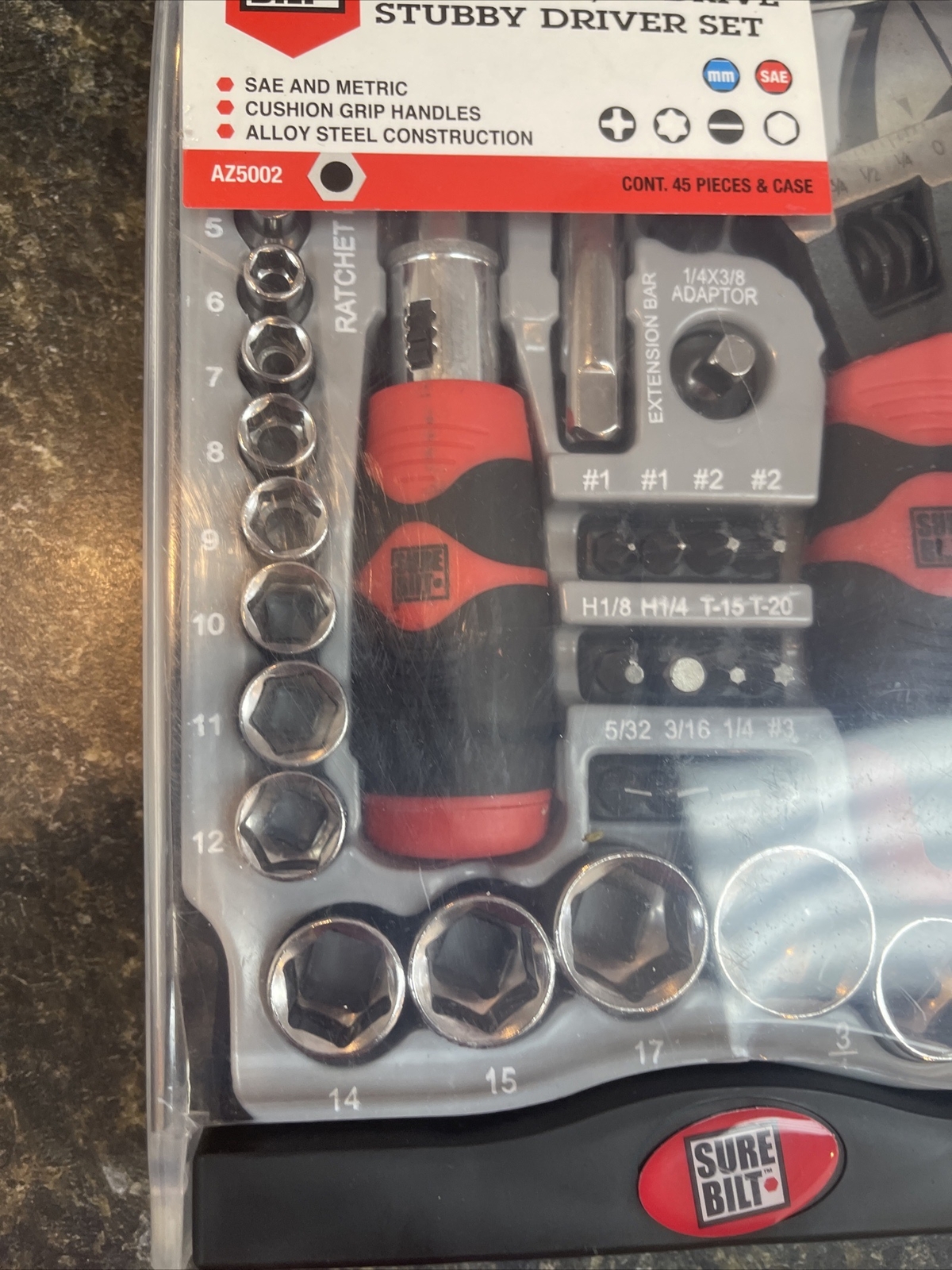 SUREBILT Stubby Driver Dual Drive Ratchet SAE/METRIC Tool Set 45 Piece # AZ5002