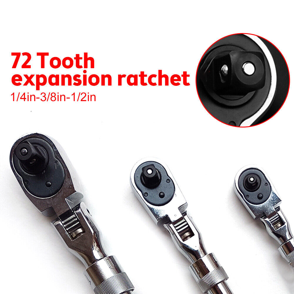 Flexible Ratchet Handle Socket Wrench Swivel Tool Set 1/4″ 3/8″ 1/2″ 72 Tooth