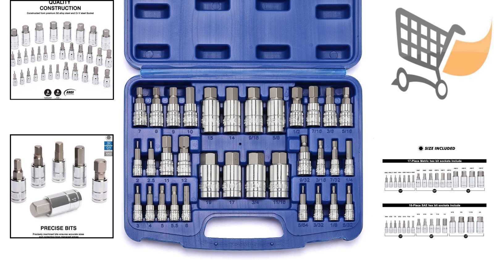 33 Piece Hex Bit Socket Set S2 Steel Chrome Vanadium SAE Metric Tools