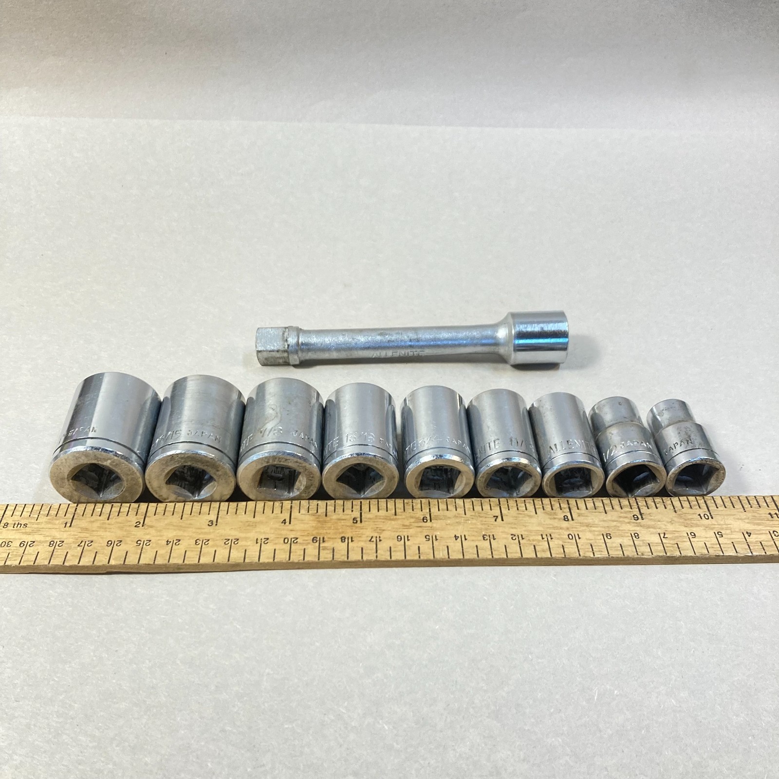 Vintage Allenite Socket Set 10 pc 12 Point 1/2″ Drive SAE 1″-7/16″ w/ Ext Japan