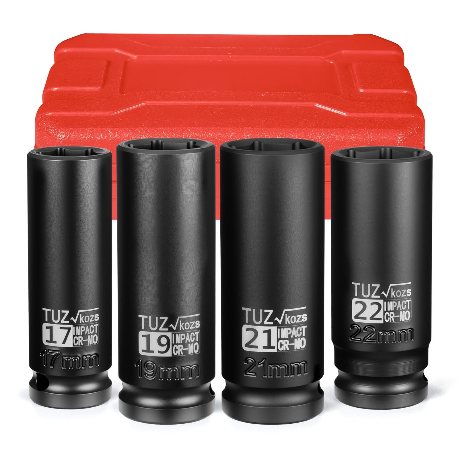 4-Piece 1/2″ Drive Deep Impact Socket Set – Metric 17mm 19mm 21mm 22mm, Cr-Mo, 6