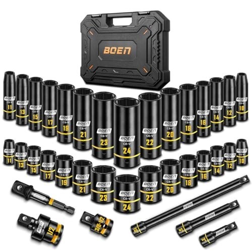36PCS 1/2″ Drive Impact Socket Set – Metric Deep & Shallow Sockets, 6 Point, Ext