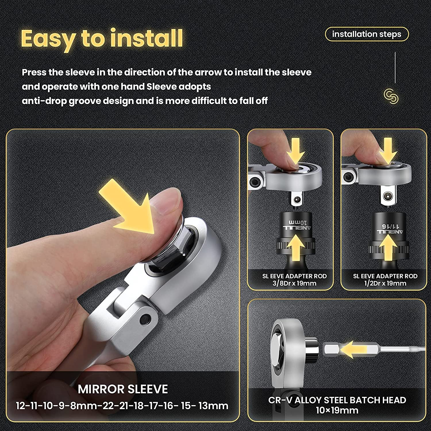 17PC Extra Long Flex-Head Ratcheting Wrench Set, Metric Double Box End w/ 8-22mm
