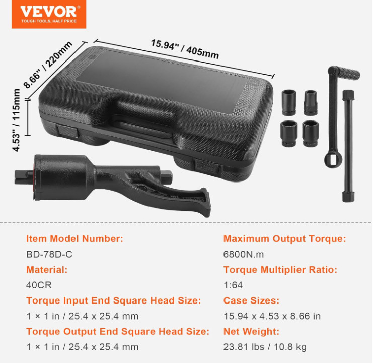 Multiplicador de Par 1″ para tuercas, 6,800N.m, Set con 4 Enchufes