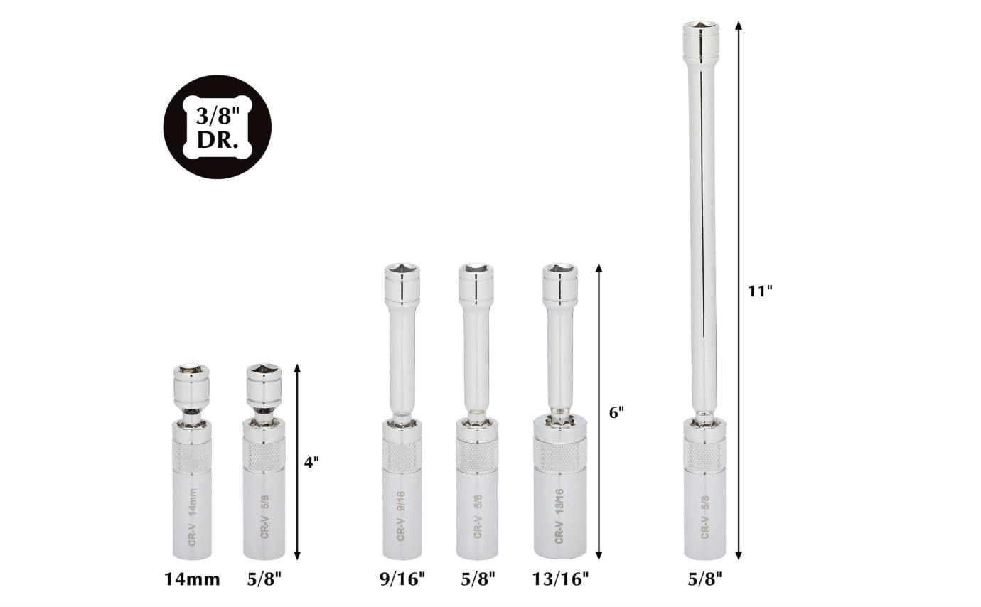 6PCS 3/8″ Dr Magnetic Swivel Spark Plug Socket Set, 9/16″, 5/8″, 13/16″, 14mm