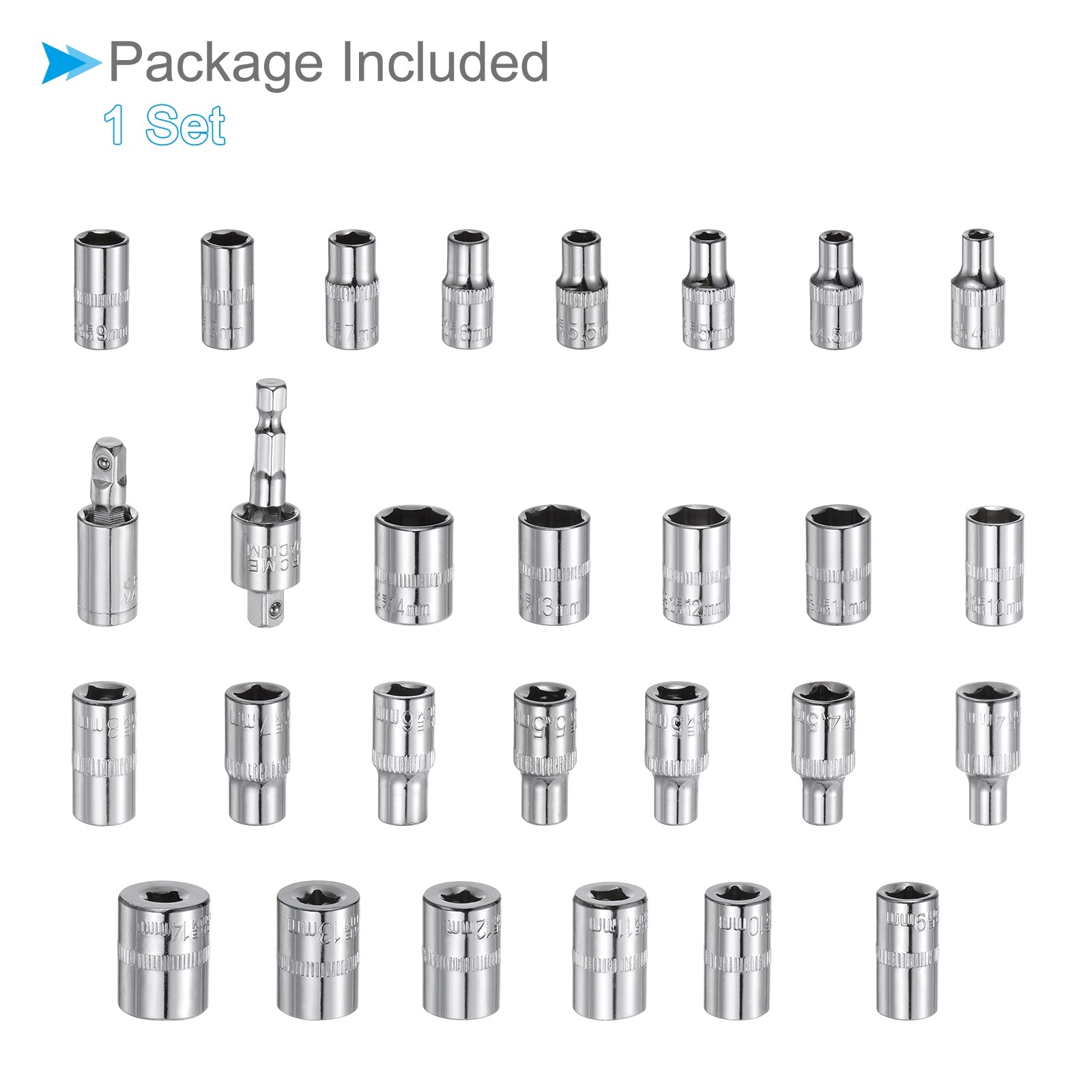 Socket Accessory Set 4mm-14mm Shallow Socket 1/4″ Drive Joints Adapter 15pcs