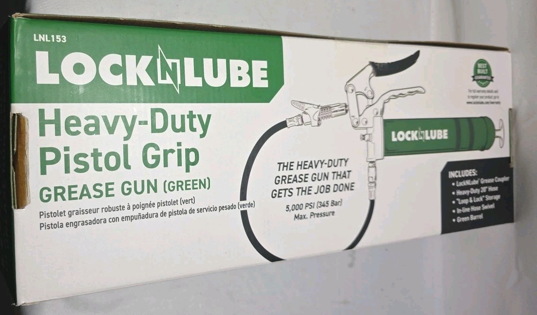 LockNLube Heavy-Duty Pistol Grip Grease Gun. Includes our patented Green