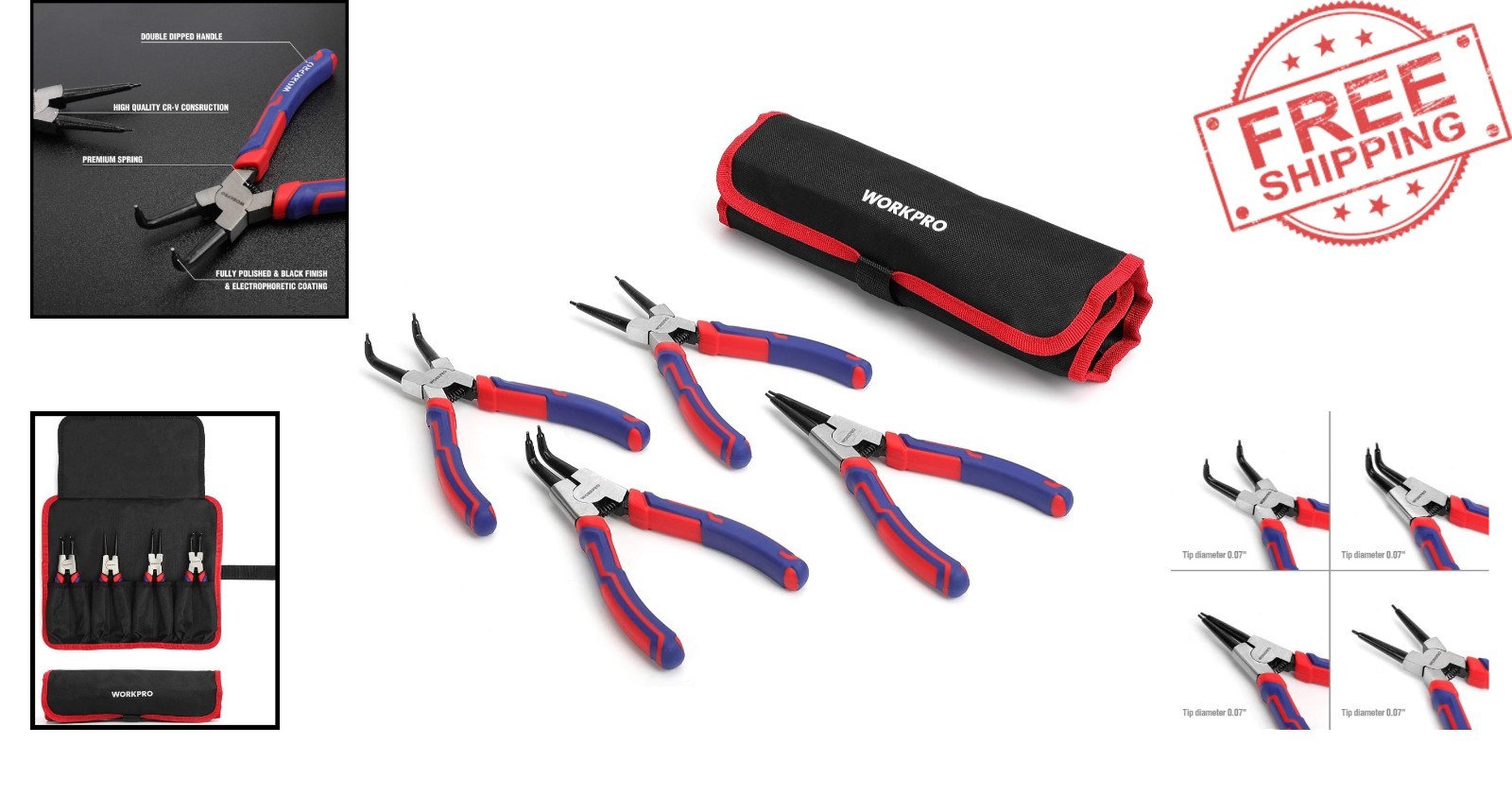 Ergonomic 7-Inch Snap Ring Pliers Kit – 4-Piece with Chrome Vanadium Steel