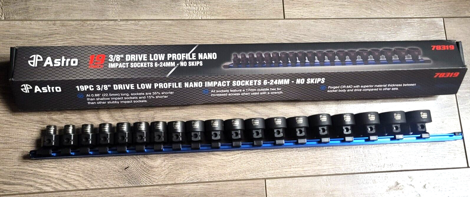 Astro 3/8″ dr 19pc Metric Low Profile Stubby Nano Impact socket Set w/Rail 78319