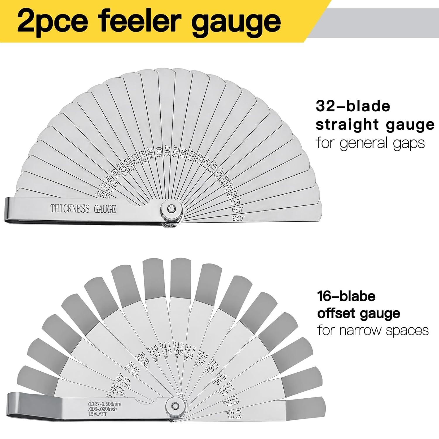 Feeler Gauge Set 2pcs Stainless Steel 32 Straight 16 Offset Blades SAE Metric