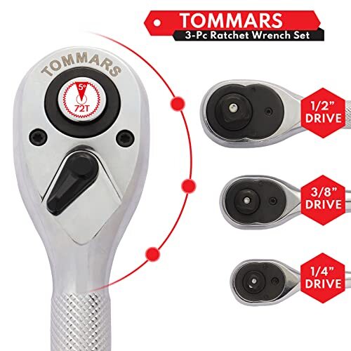 Stubby Ratchet Set, 1/4″, 3/8″, 1/2″ Drive Ratchet Handle Wrench 72-Tooth Quick