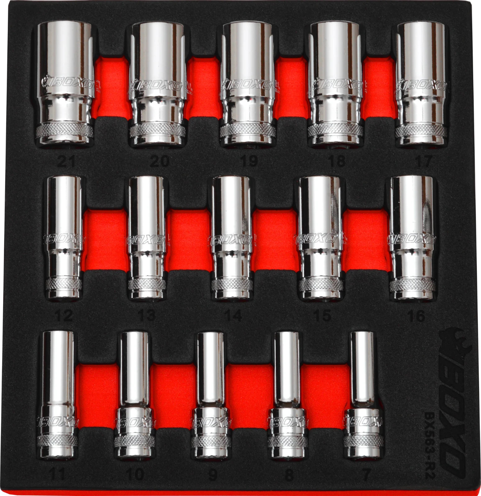Boxo 3/8″ Drive 15pc Semi-Deep Socket Set 7mm-21mm BX563-R2 in Red/Black Foam