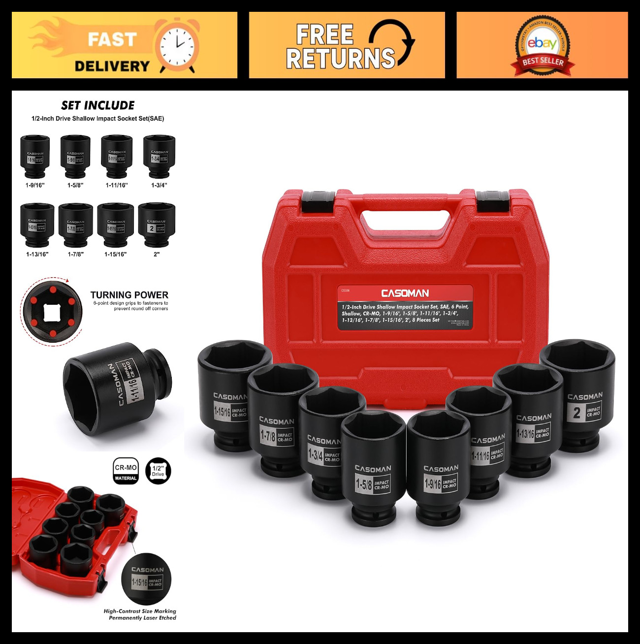 1/2″ Drive Shallow Spindle Axle Nut Impact Socket Set, 8 Piece, 1-9/16″ to 2″, S