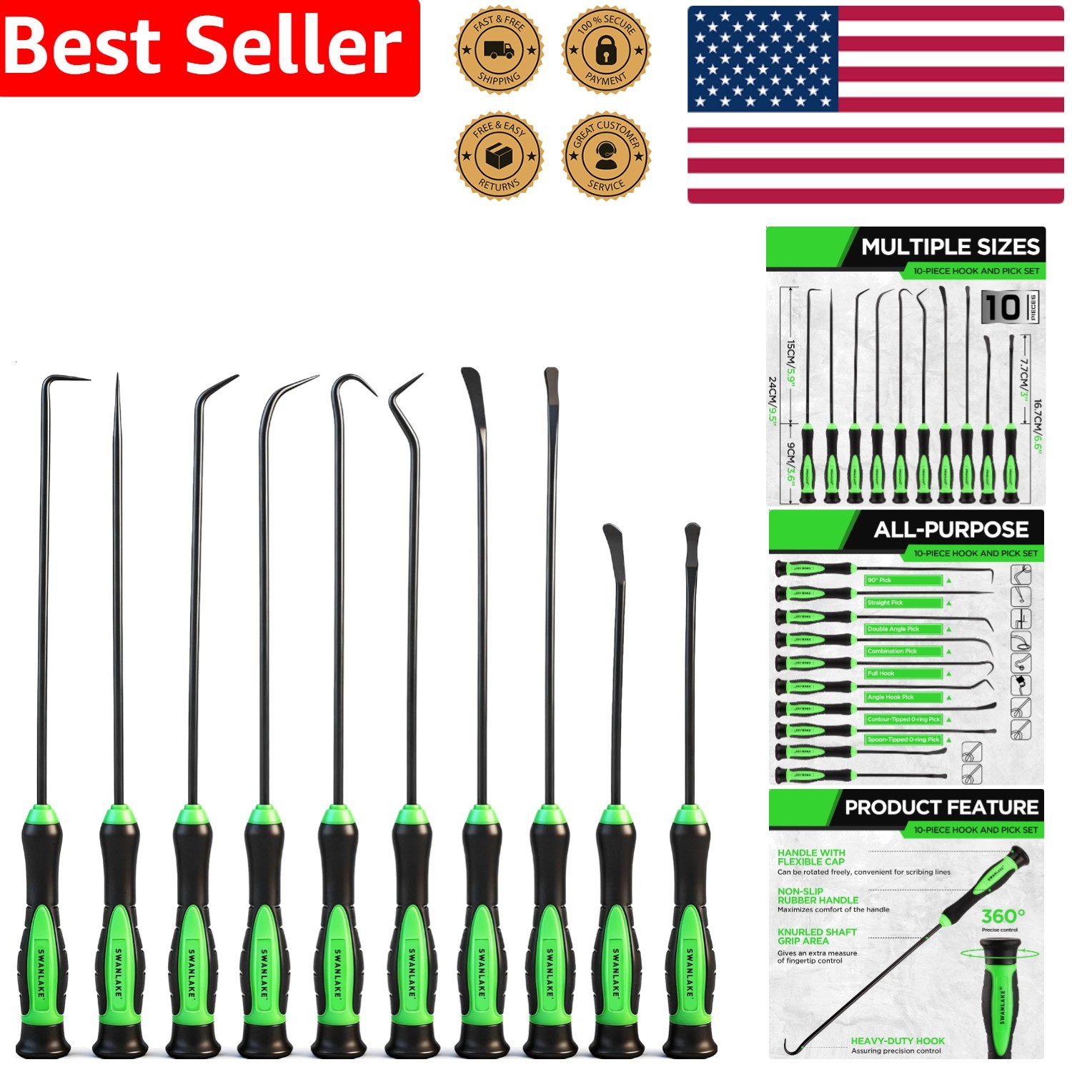 SWANLAKE 10-Piece Hook Pick Set Auto Oil Seal O-Ring Gasket Puller Remover Tools
