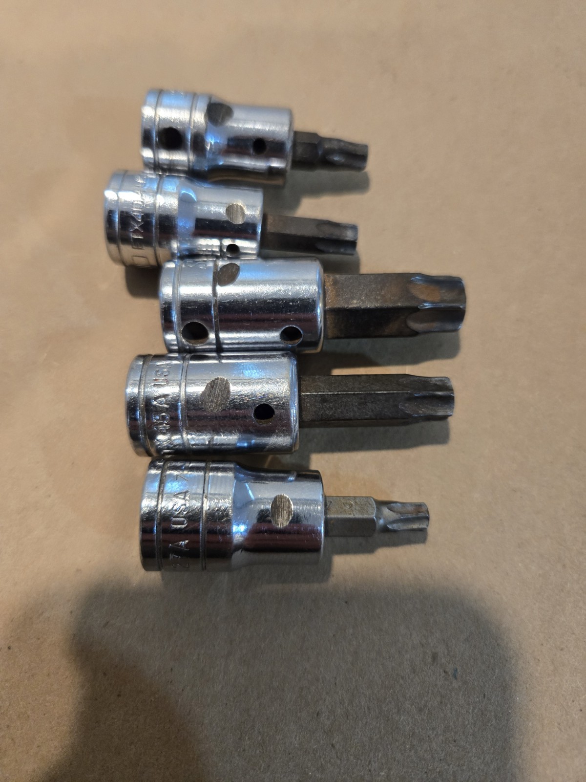 Snap On 3/8″ Drive T27-T40,T55 Torx Bit Driver Sockets USA Lot Of 5 READ AD