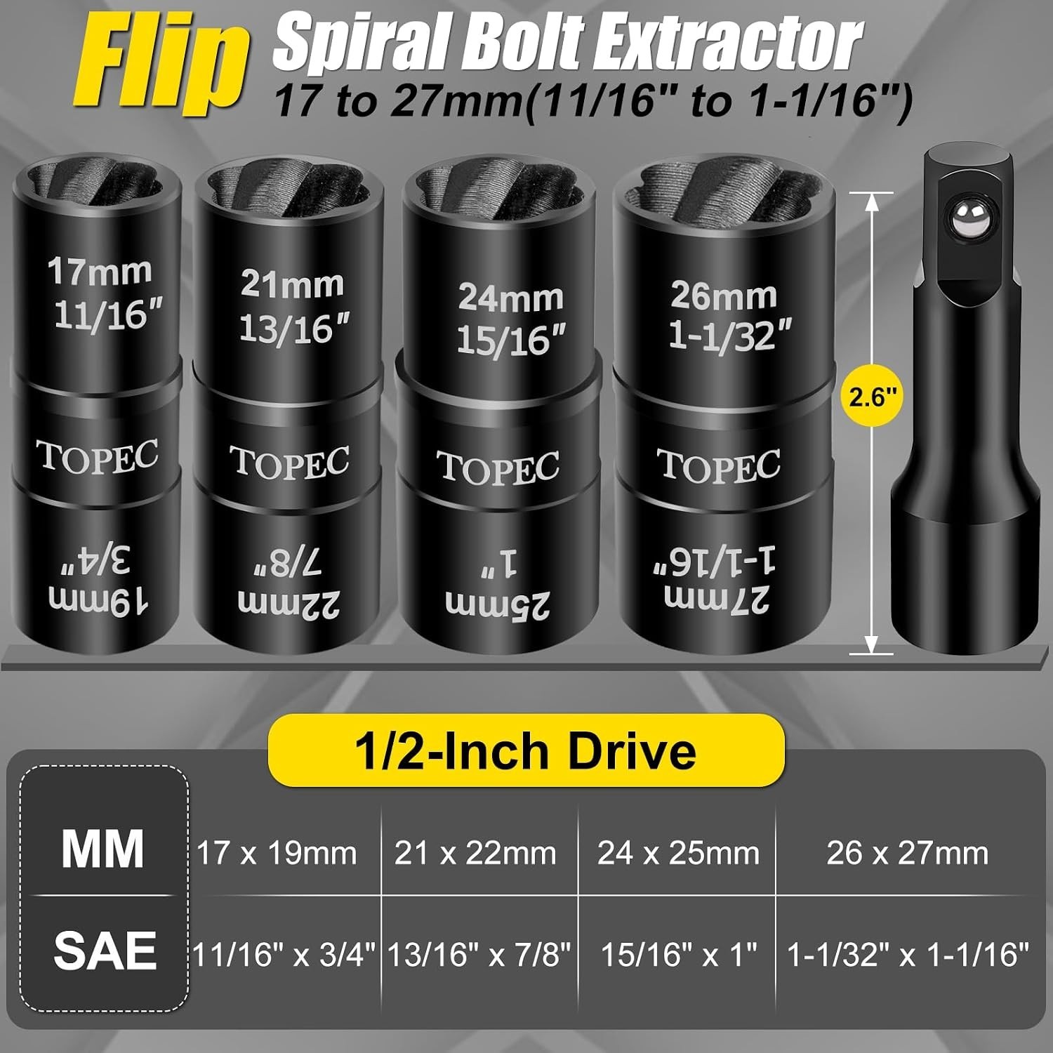 Automotive Lug Nut Extractor Set, 1/2 Inch Drive for Damaged Bolts 5 Pieces