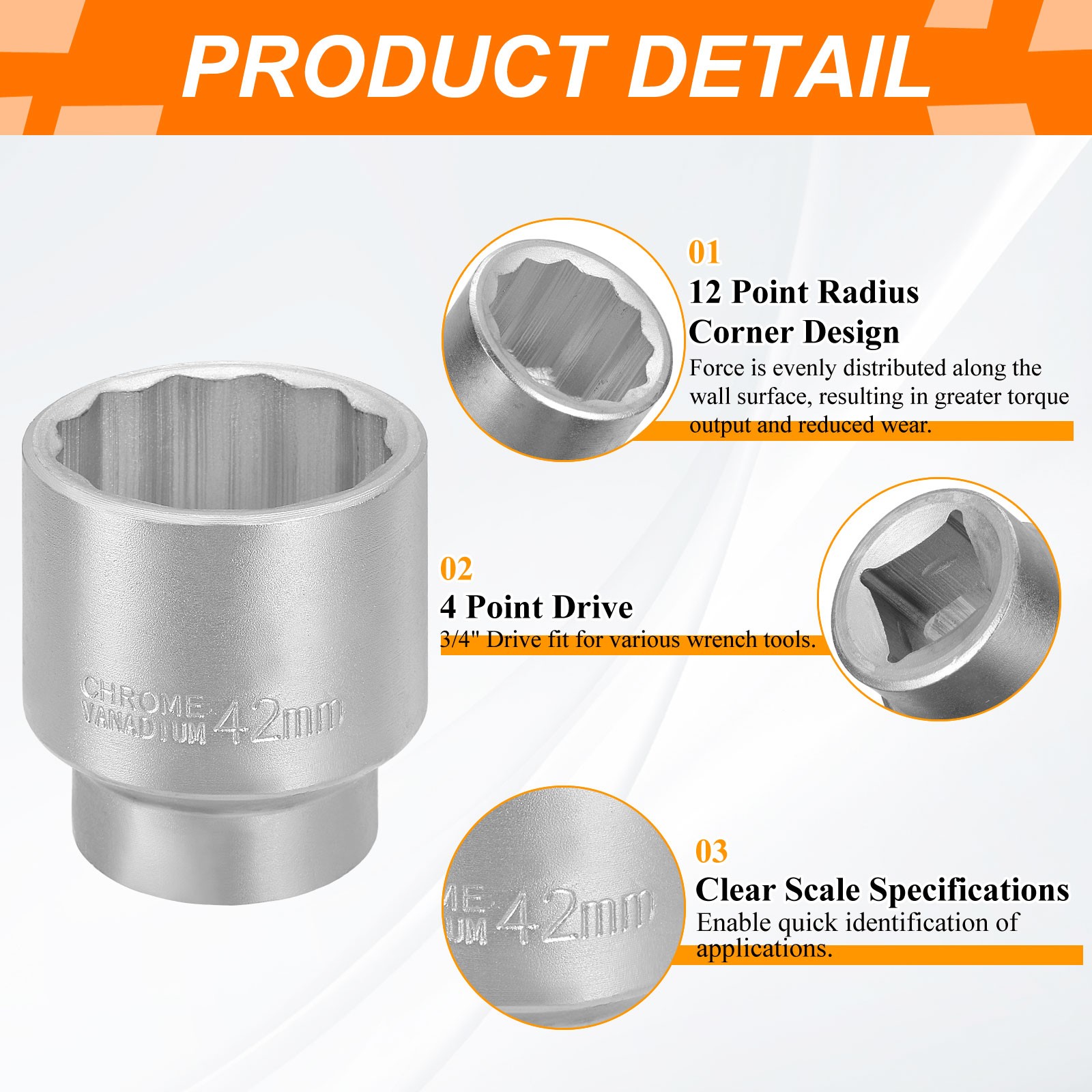 2pcs 12 Points Socket 3/4″ Drive 42mm Metric Impact 2.6″ Long Zinc Plating