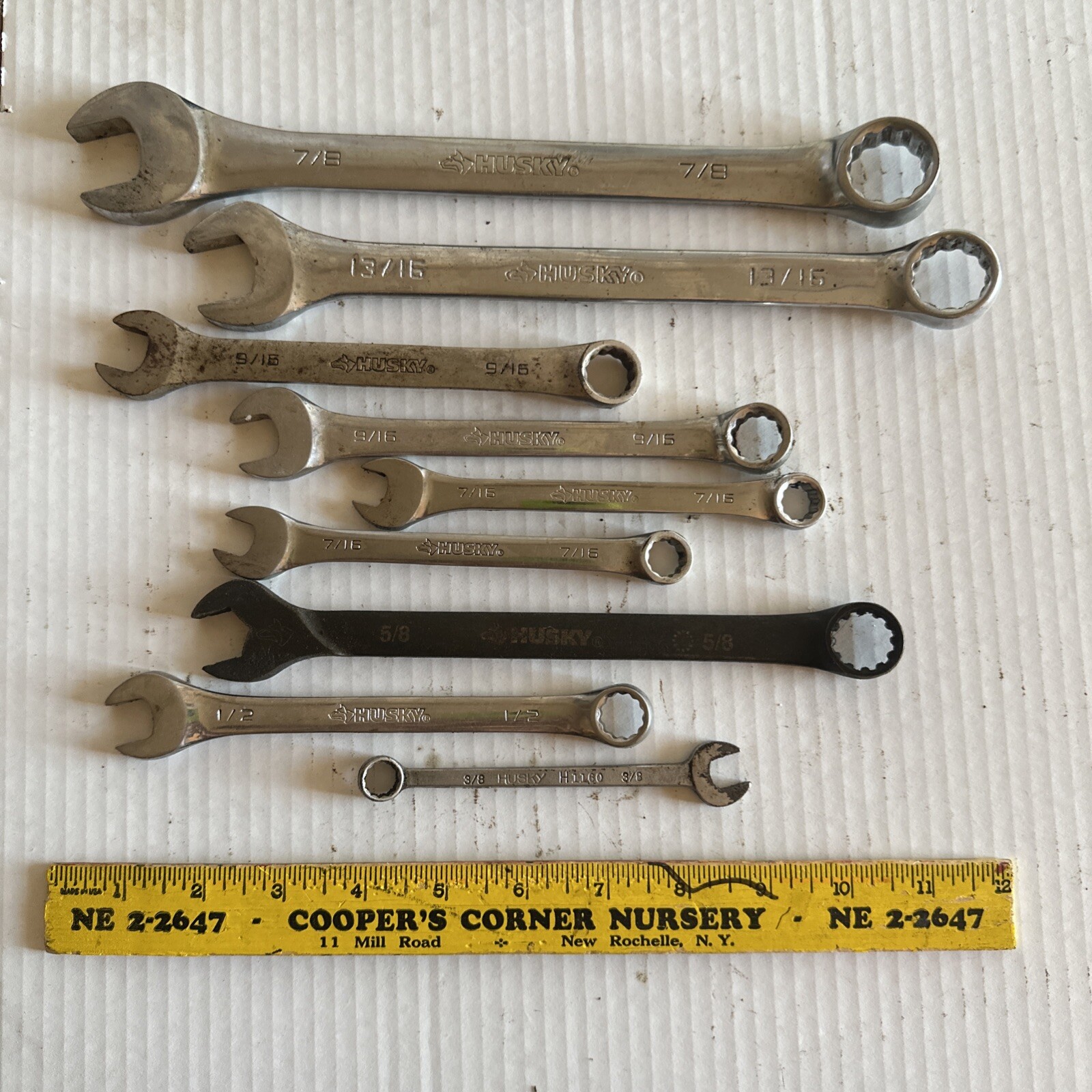 lot of 9 Husky wrenches Standard various sizes forged in U.S.A. drop steel VGC
