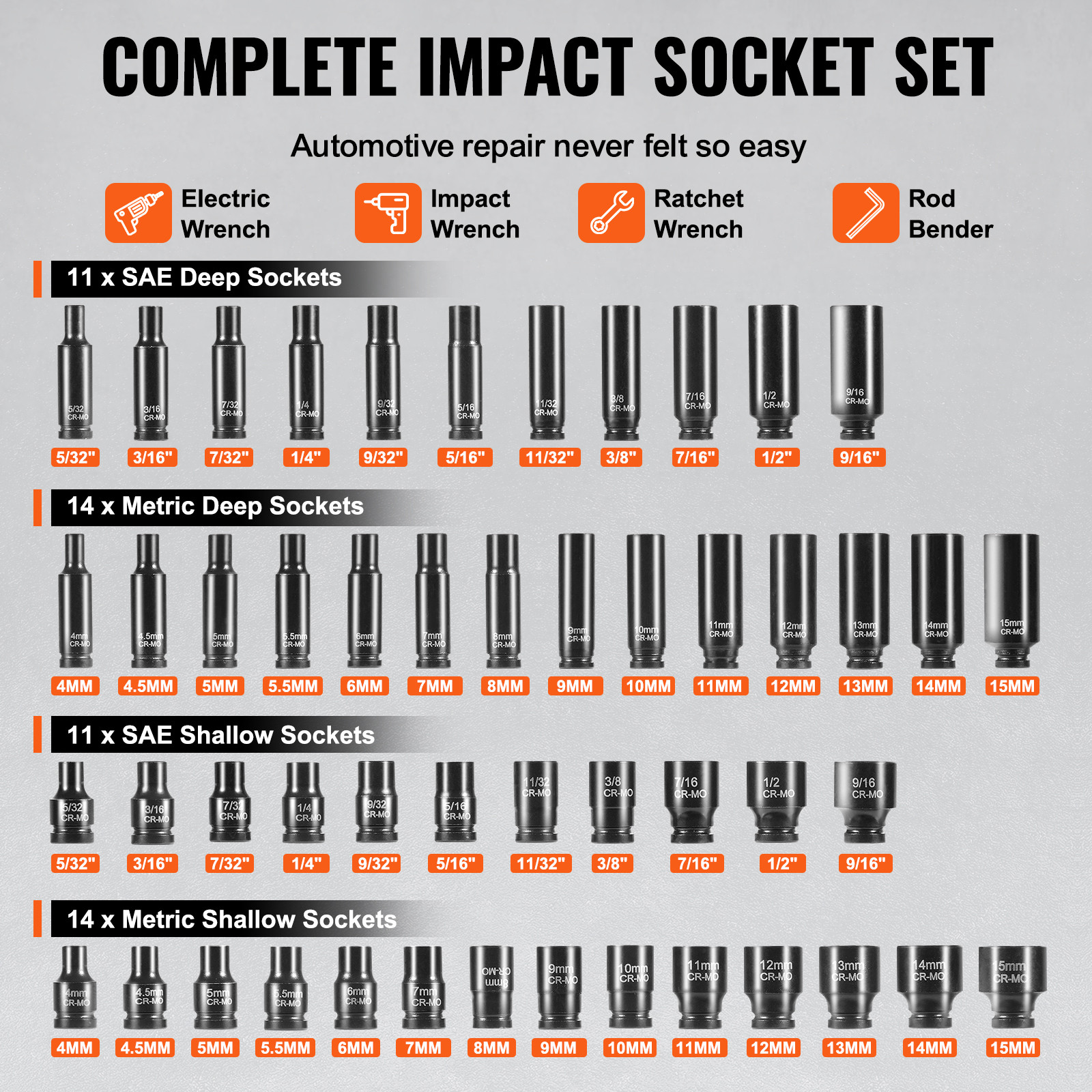 VEVOR Impact Sockets Set 55pcs 6-Point 1/4″ Drive Bit Ratchet Tool Kit Case