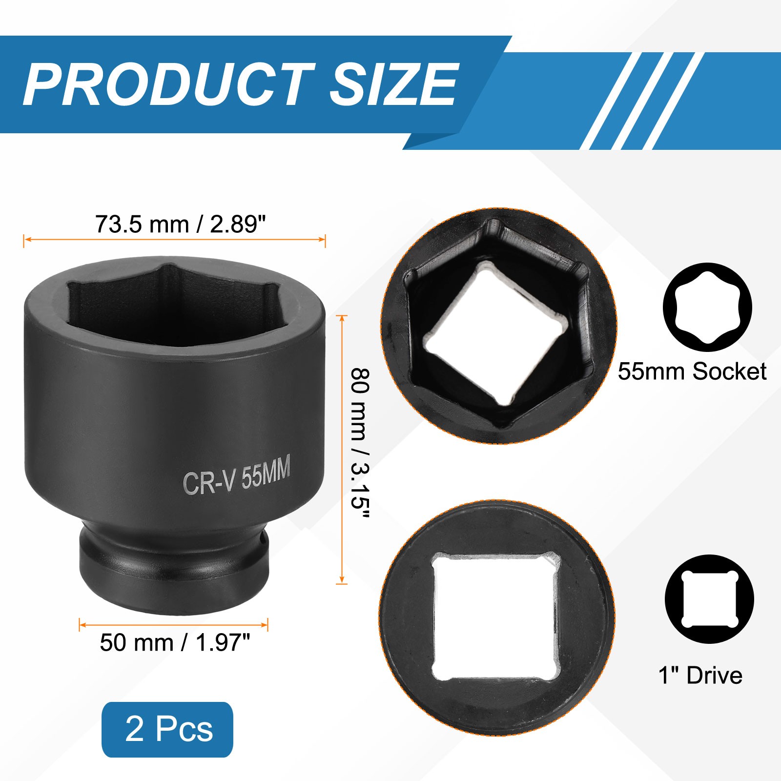 2pcs 1 Inch Drive 55mm 6 Point Impact Socket Chromium Vanadium Steel