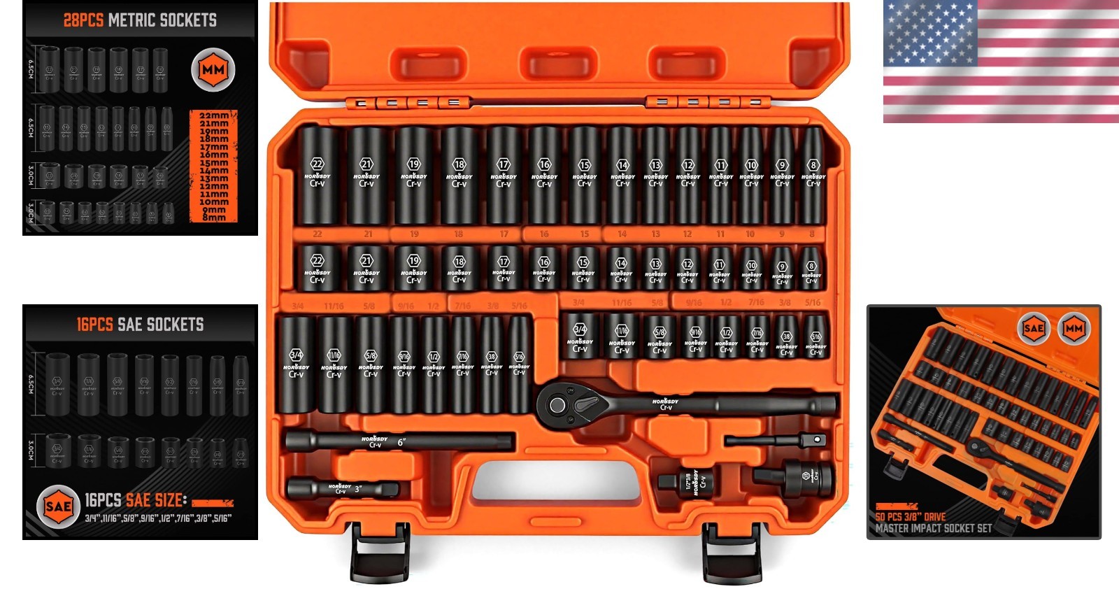 Durable Corrosion-Resistant 50-Piece Impact Socket Set with Laser Markings