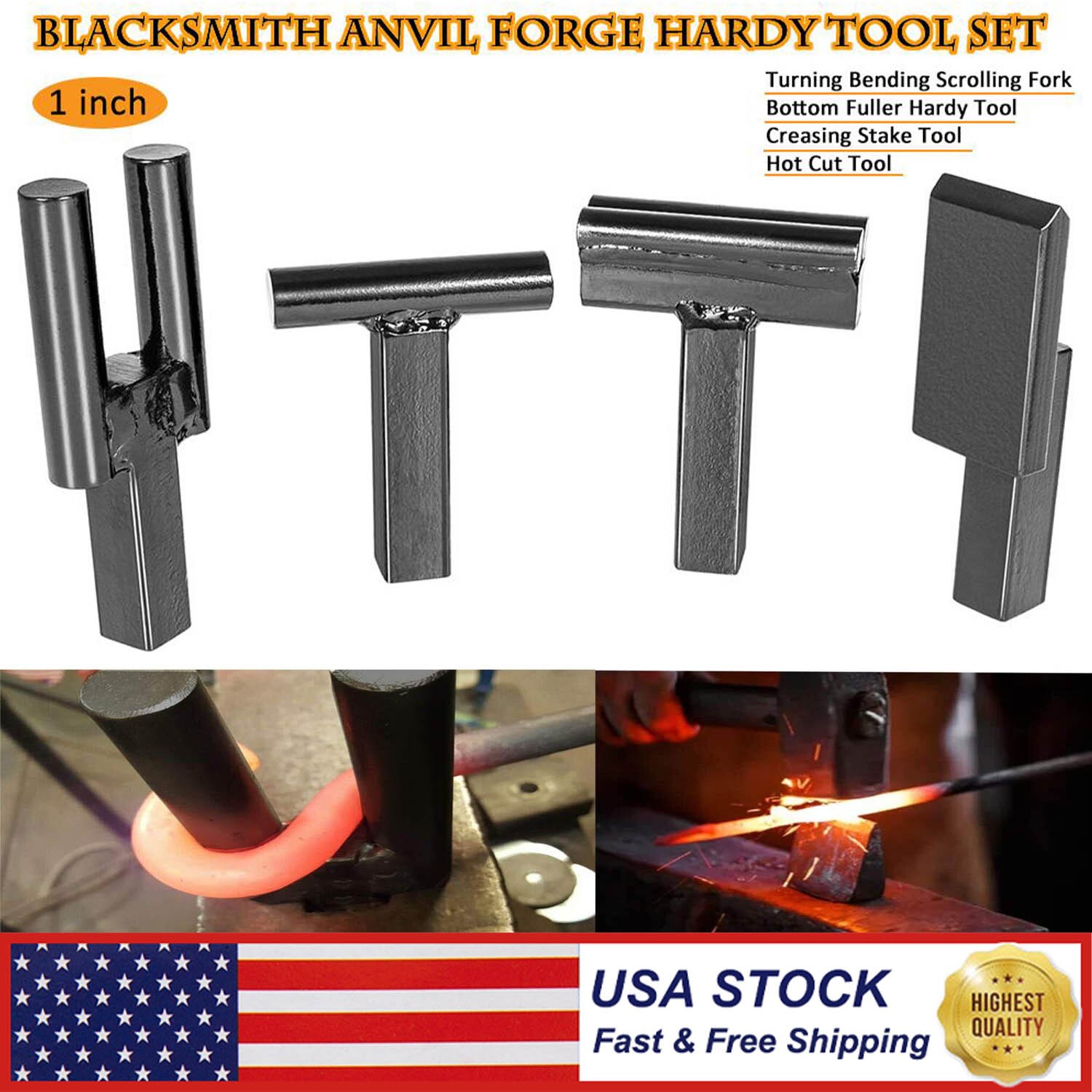4Pcs 1 Inch Blacksmith Anvil Hardy Tool Set Creasing Stake Hot Cut Bottom Fuller