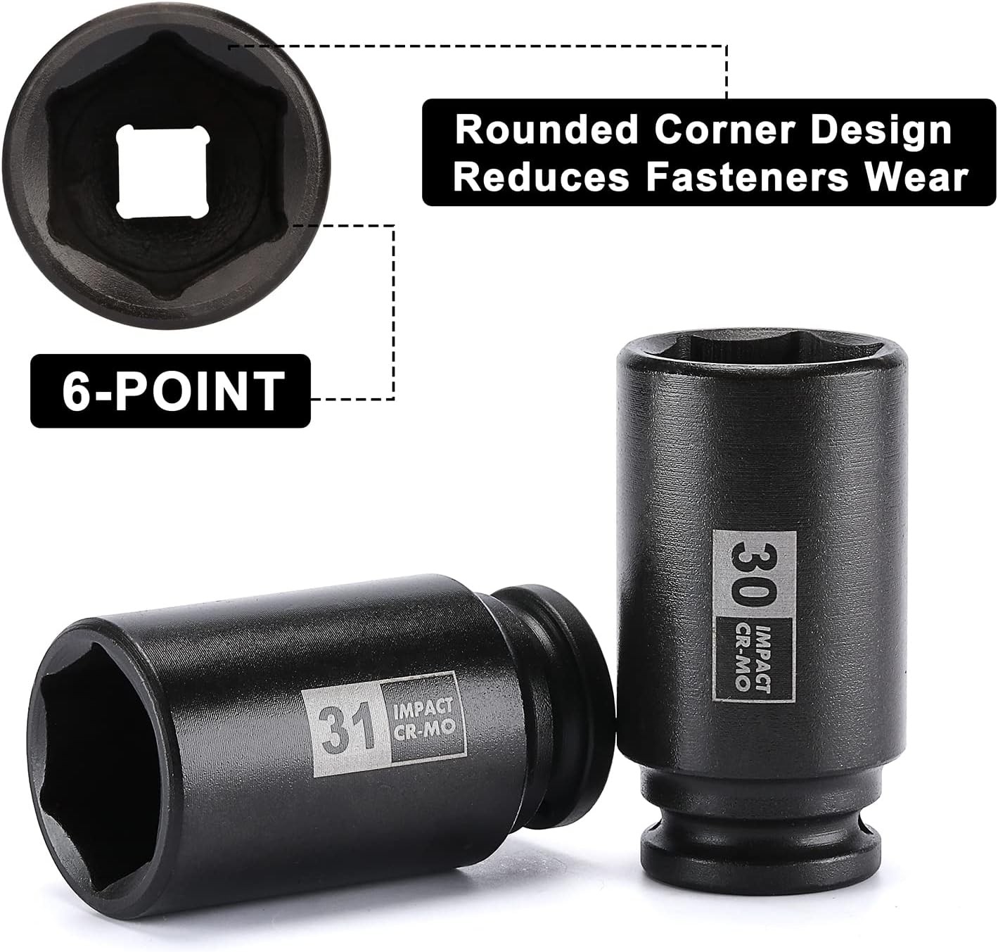 9PCS 1/2″ Drive Deep Impact Socket Set 29-38mm CR-MO 6-Point