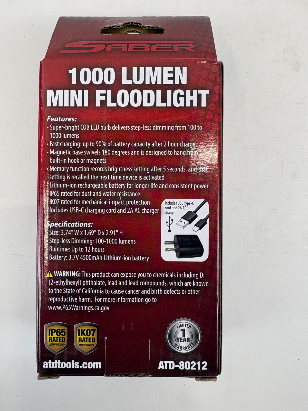 ATD SABER 1000 Lumen Mini Rechargeable Flood Light Flashlight w/Mag Base #80212