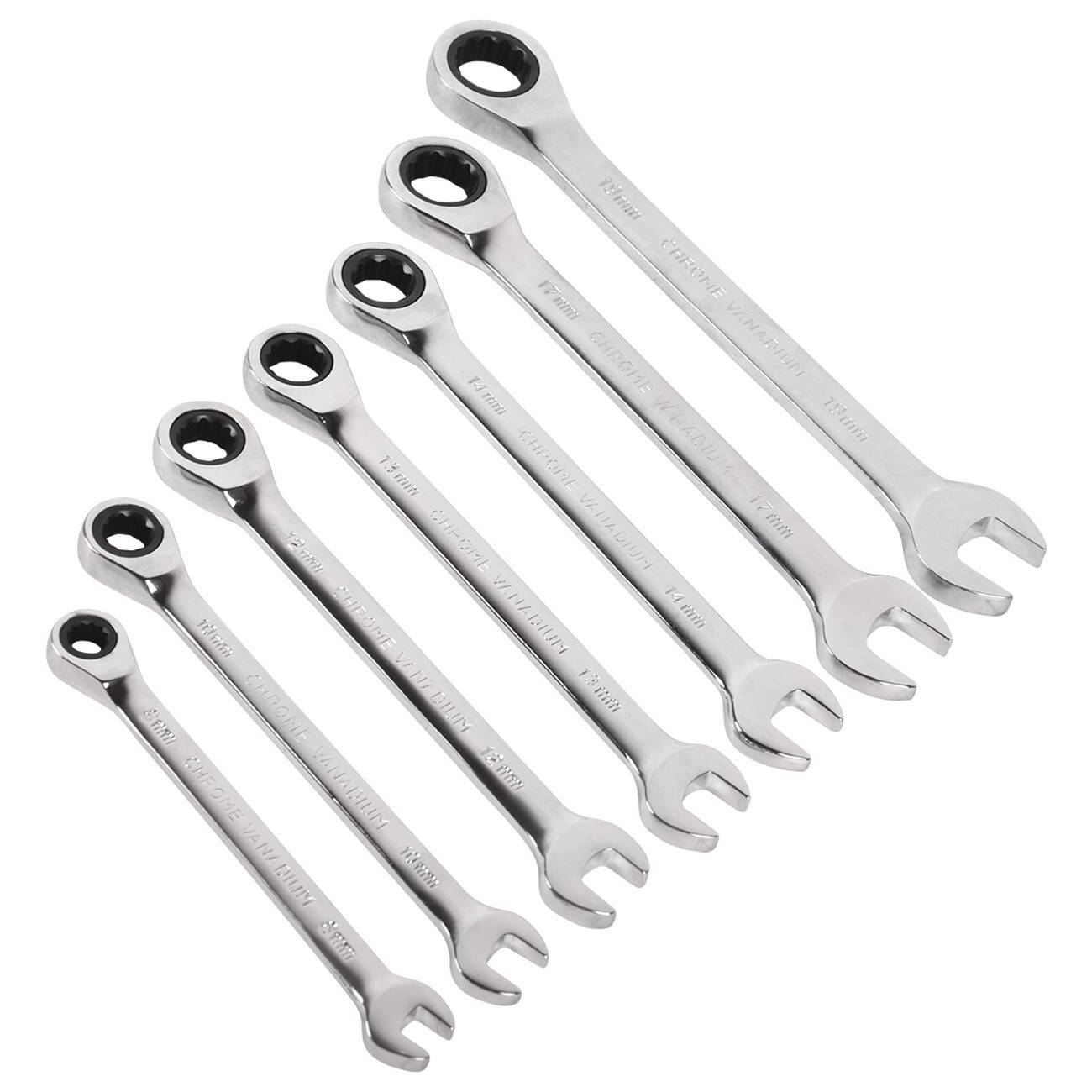 Ratchet Wrench Combination Kit Metric Fixed Spanners Tool 7 Piece Set 8mm-19mm