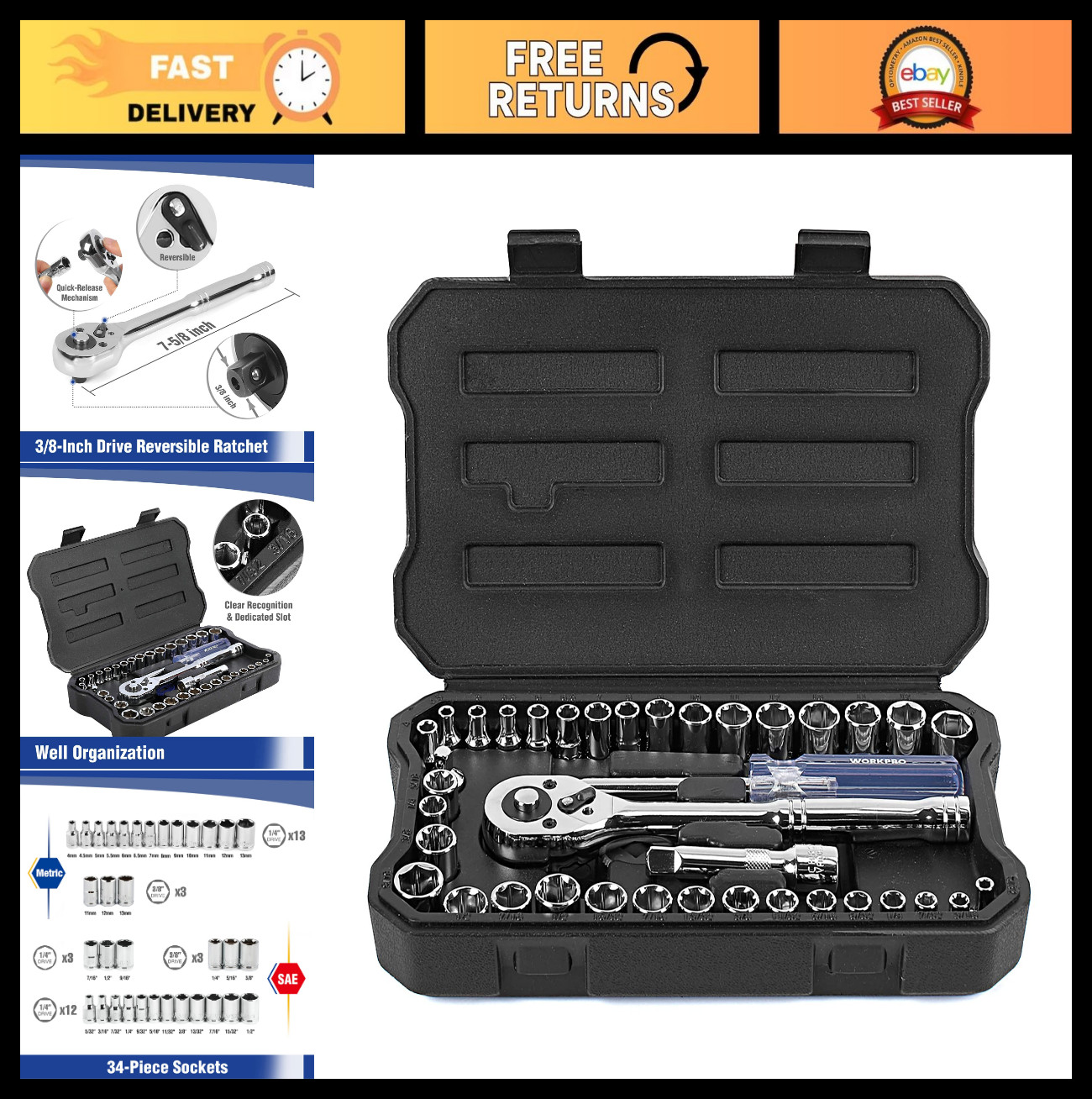 39-Piece Drive Socket Set 1/4» & 3/8», Metric & SAE Sockets, Quick-Release Rat
