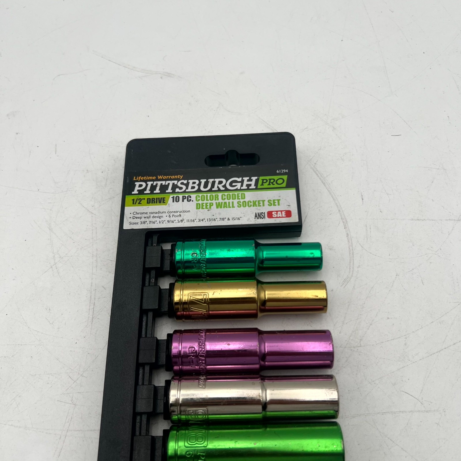 Pittsburgh Pro 1/2in Drive 10 Piece Deep Socket Set Color Coded SAE Tool Kit
