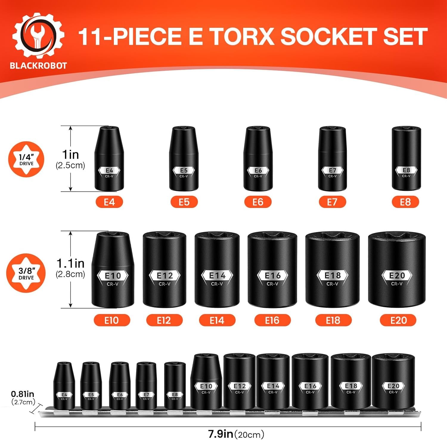 BLACKROBOT E Torx & Star Socket Set With Rail, 11-Piece Female E4-E20