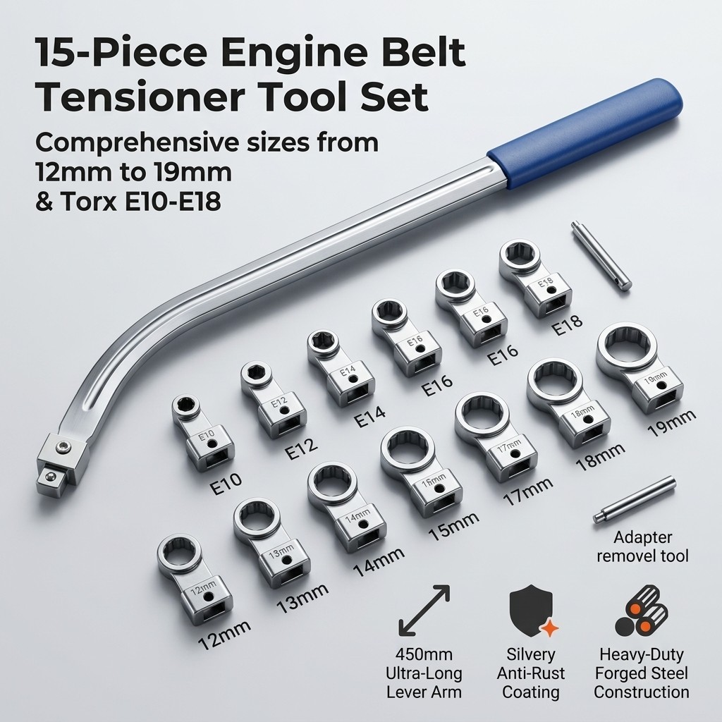 15PC Auxiliary Belt Tensioner Pulley Wrench 12-19mm Screw Removal Tool E10-18
