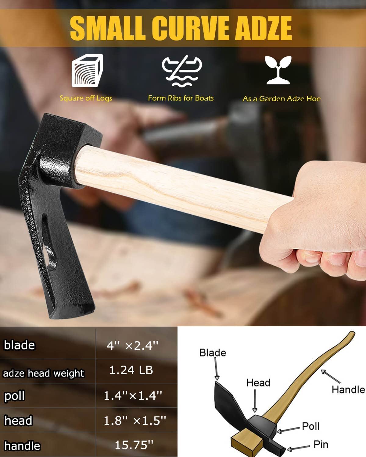 Adze Woodworking Tool Kit for Log Carving Hand Adze Curved Bowl Woodworking Adze