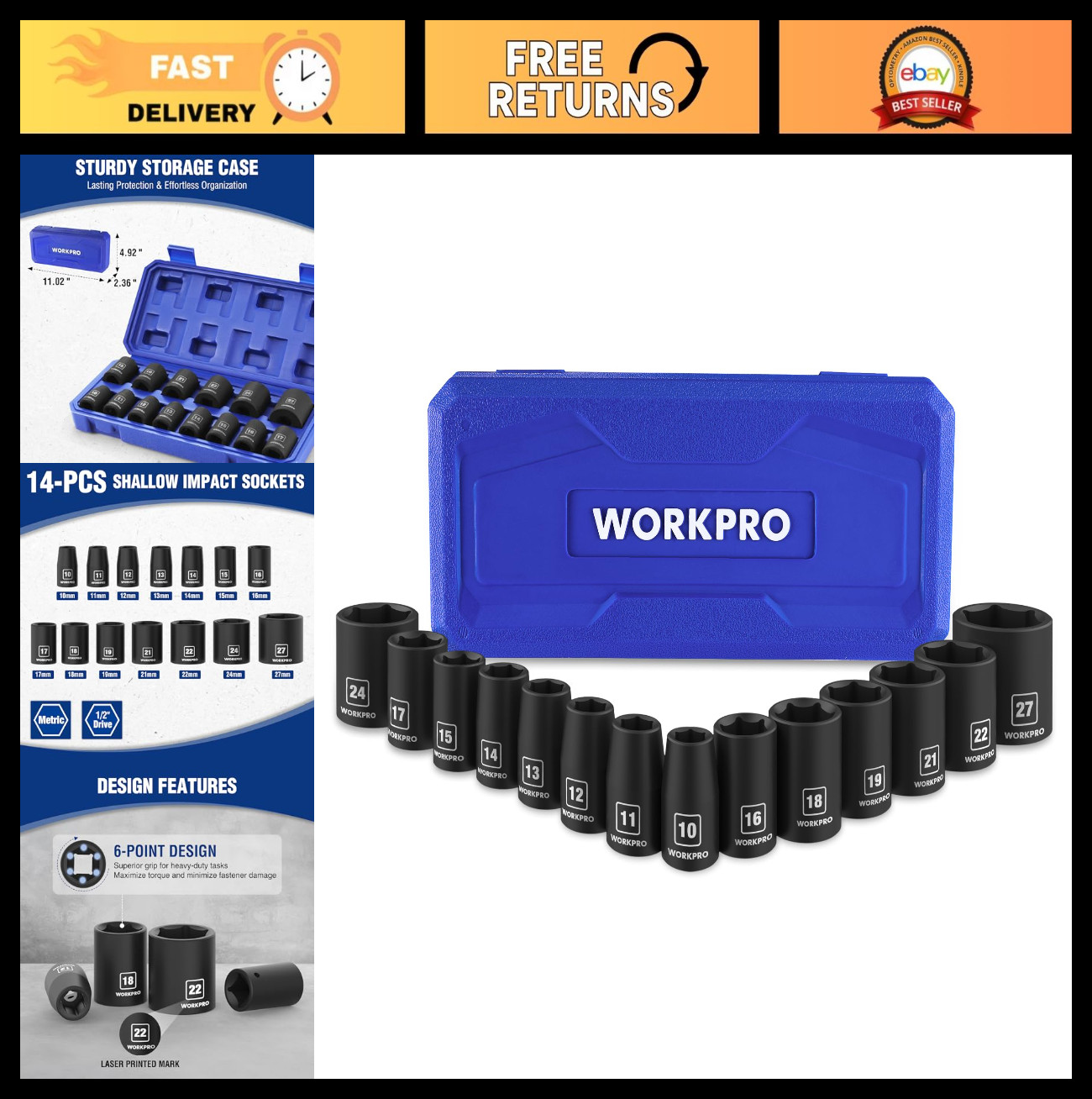 14PCS 1/2” Drive Metric Shallow Impact Socket Set, Cr-V Steel 6-Point with Case
