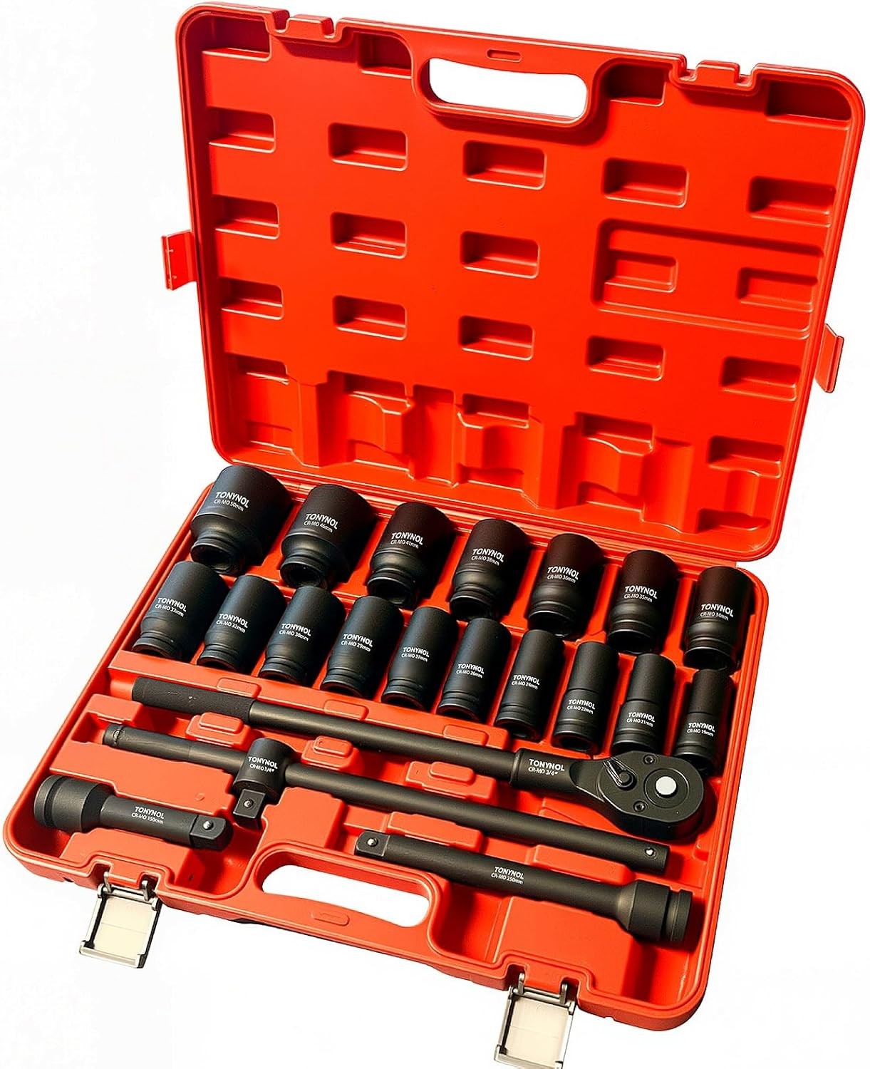 3/4 Inch Drive Deep Impact Socket Set, 21 Pieces, 6 Point, Metric Sizes Black