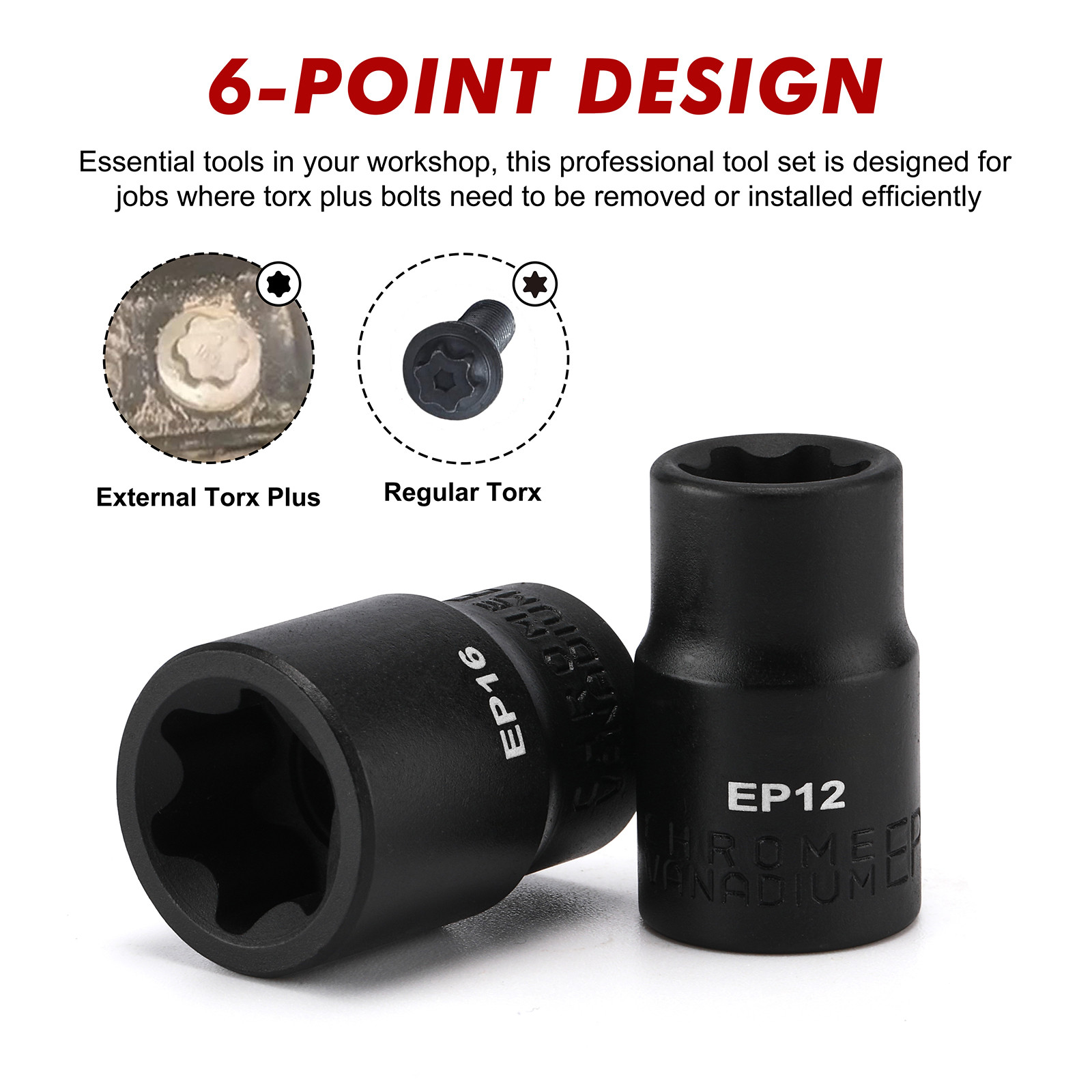 19PCS External Torx Plus Socket Set 6 Point EP Socket EP4-EP32 5 Point 1/2» Dr